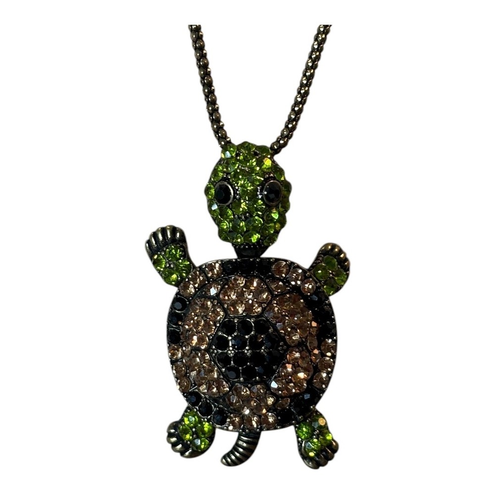 Turtle Necklace Rhinestone Green Brown Black Chain Pendant Movement Jewelry‎